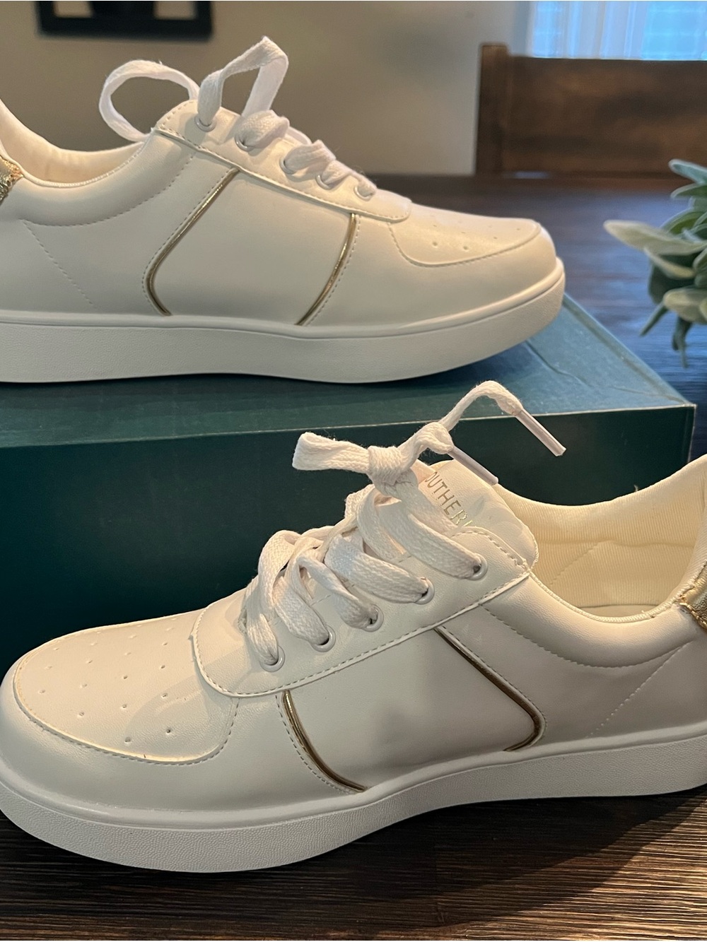 White Sneakers with Gold Trim